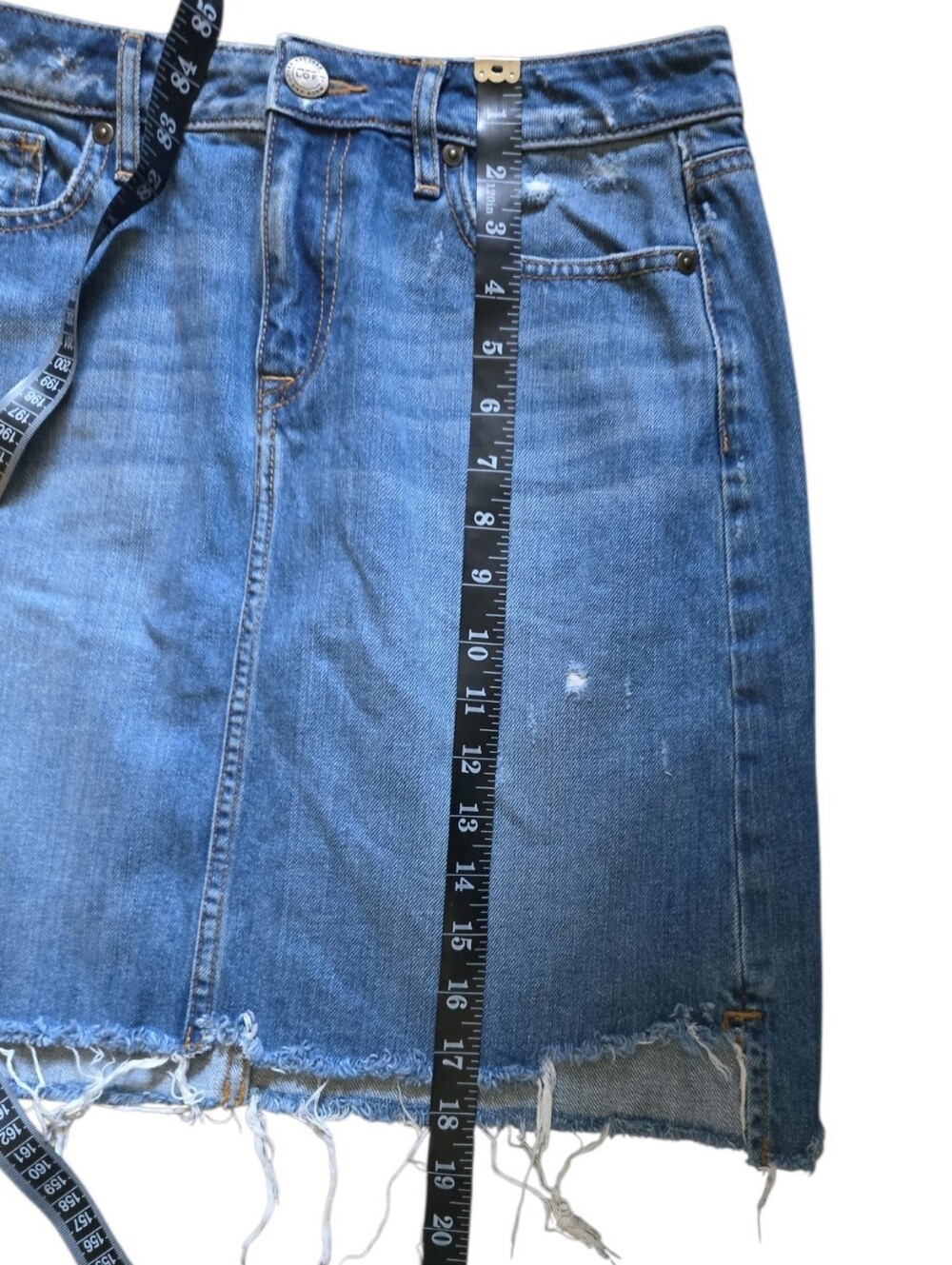 LOFT Distressed Frayed Raw Hem Denim Mini Pencil Skirt - Picture 6 of 7